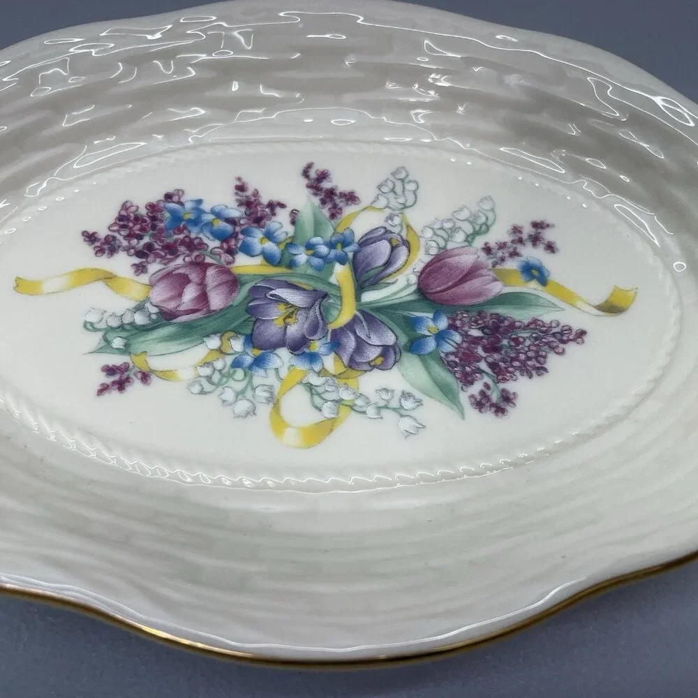 Vintage Lenox‎ Floral Basket Weave Dish Tray Candy Trinket Porcelain Gold Trim